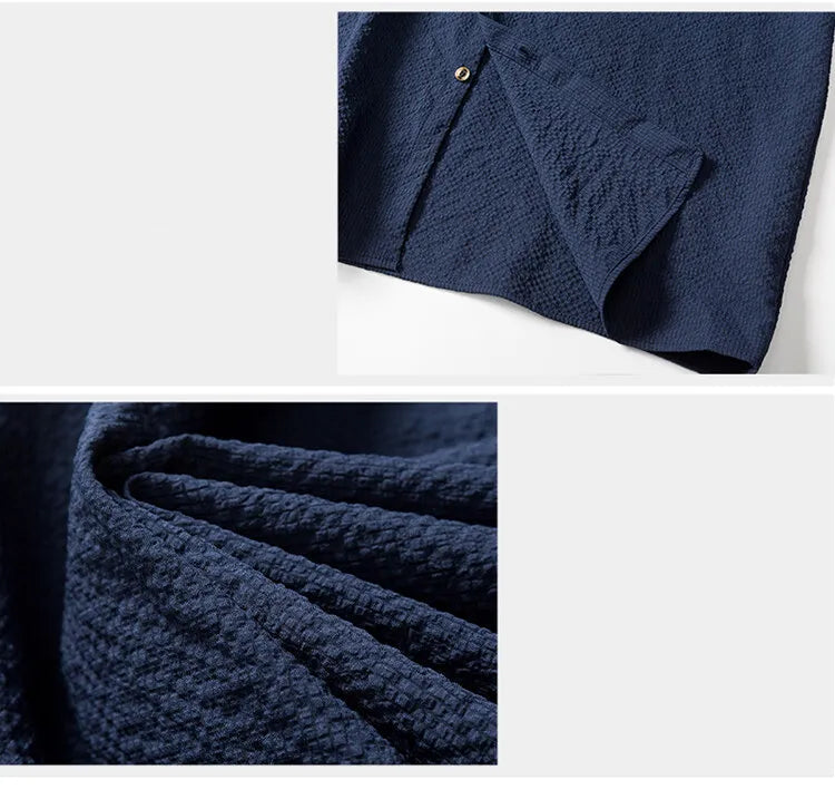 Zoom sur le col Mao et la matière texturée respirante de la chemise Renji.