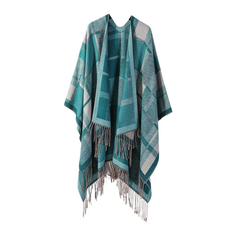 Poncho Oversize Géométrique en Laine Mélangée avec Franges