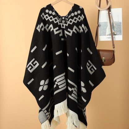 Poncho Ethnique à Franges - Style Bohème & Jacquard