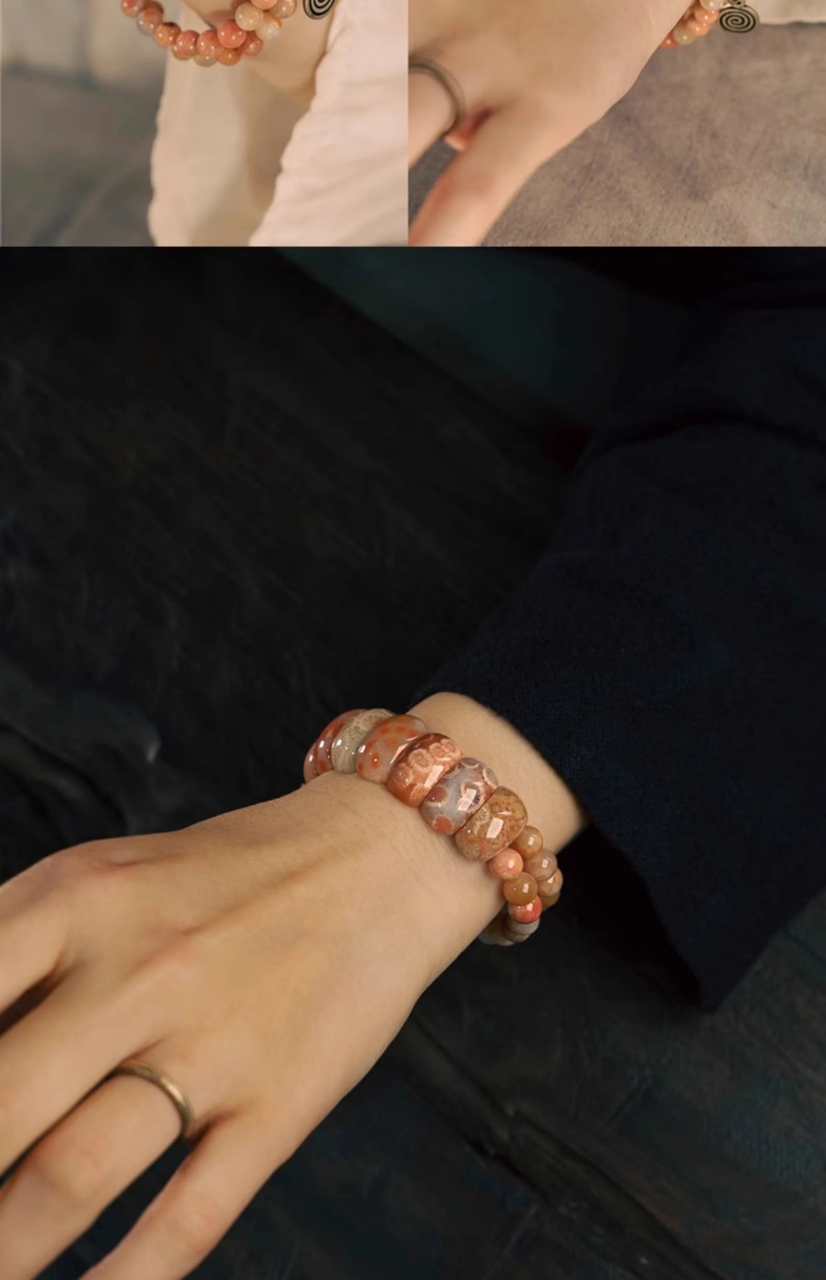 Bracelet Double Rang Pierre Corail et Laiton – Bijou Oriental de Prospérité