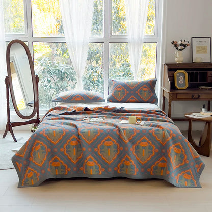 Couvre-Lit Jacquard en Coton Bleu et Orange – Motifs Vintage pour une Chambre Élégante