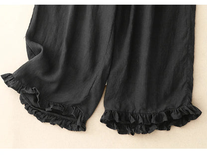 "Midori" Pantalon femme en coton et lin | Taille haute large, ourlet volant chic et léger