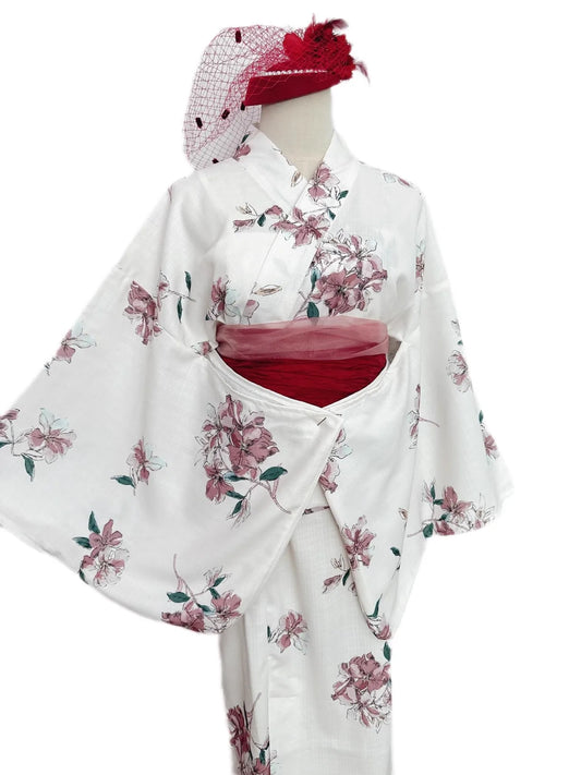 Yukata Deux Pièces Blanc et Rose Floral | Kimono Japonais d'Été Doux et Raffiné