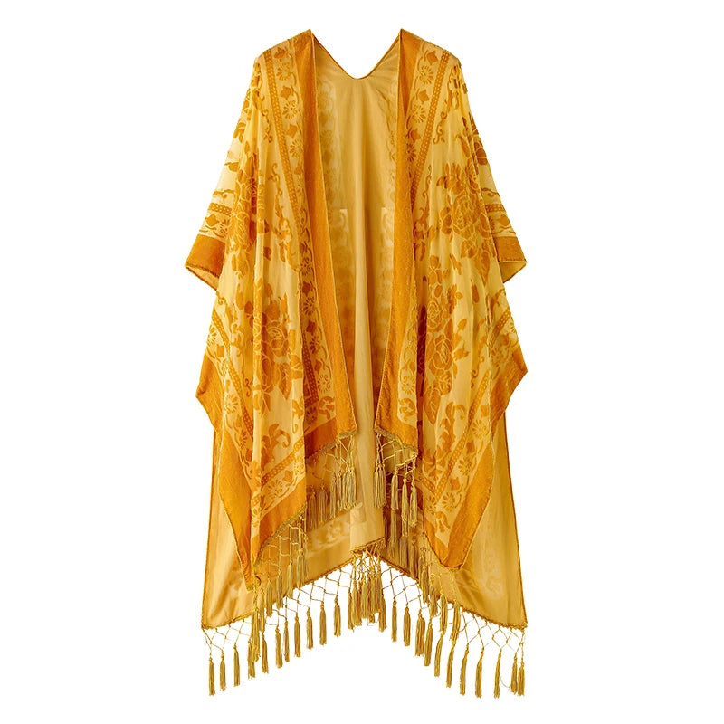 Kimono Long en Tulle Brodé - Élégance Bohème et Légèreté