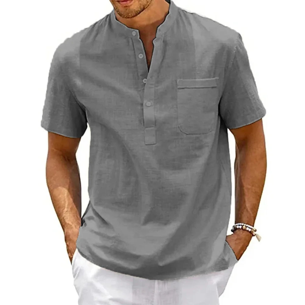 "Haruto" Chemise homme en coton et lin | Col tunisien, manches courtes, style estival