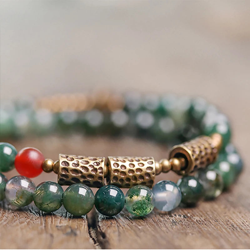 Bracelet Double Rang Jade Mousse et Laiton Martelé – Bohème Énergétique pour Femme