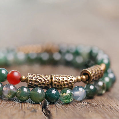Bracelet Double Rang Jade Mousse et Laiton Martelé – Bohème Énergétique pour Femme