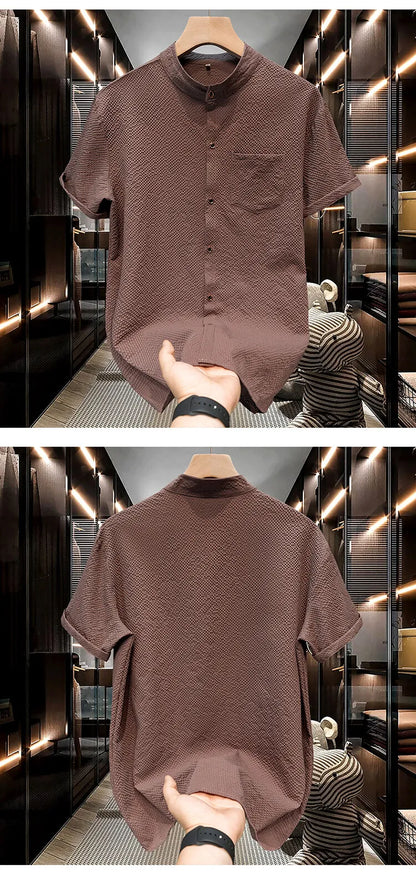 Chemise marron col Mao Renji, vue de face, coton respirant à texture gaufrée.