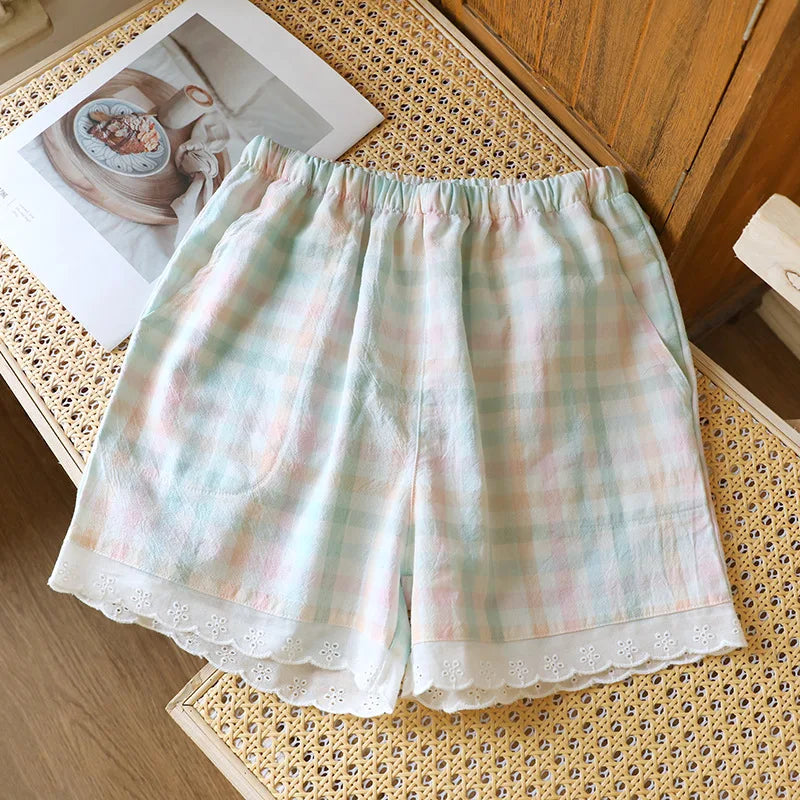 Short de Pyjama en Gaze de Coton et Dentelle