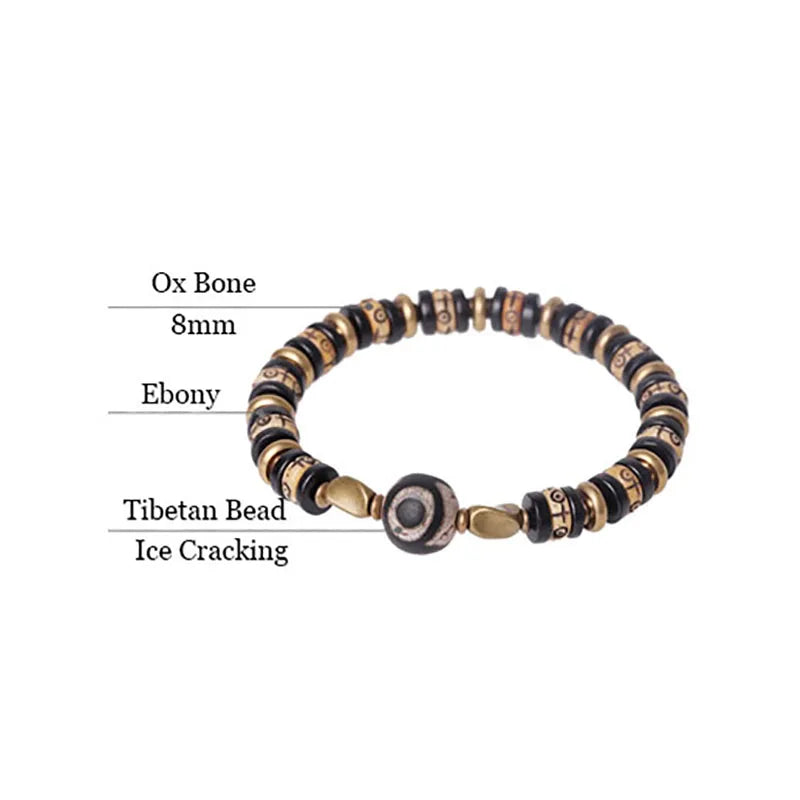 Bracelet Tibétain Os de Bœuf Sculpté et Ébène – Perle Œil Protecteur, Unisexe