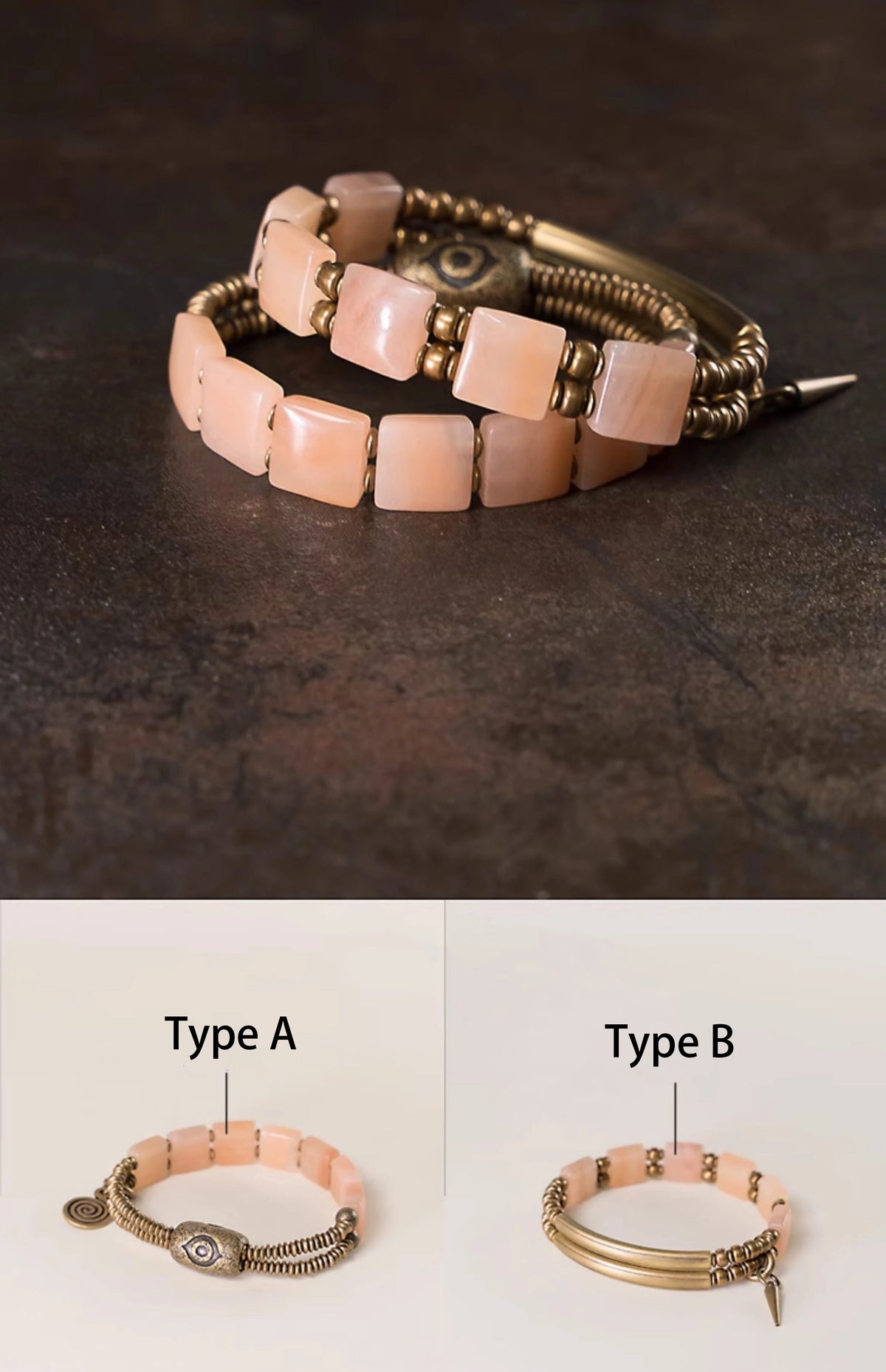 Bracelet Quartz Rose Perles Carrées 12 mm et Œil Protecteur en Laiton – Pour Femme