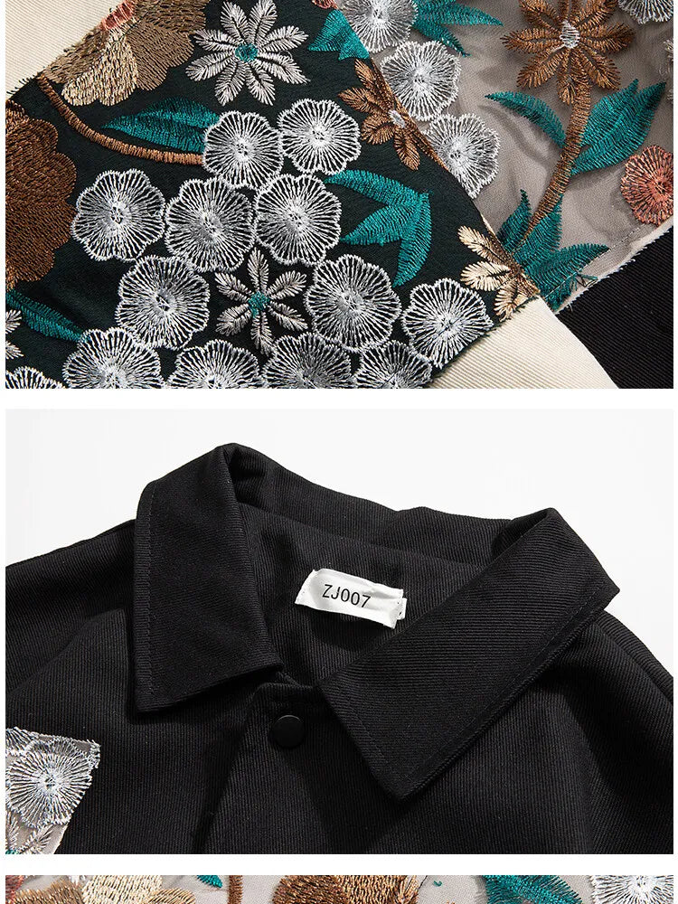 Zoom sur le col chemise et les boutons-pression noirs de la veste vintage à coupe décontractée.
