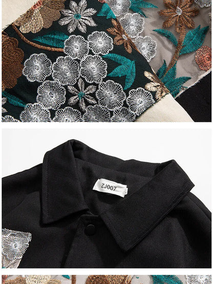 Zoom sur le col chemise et les boutons-pression noirs de la veste vintage à coupe décontractée.