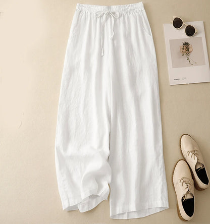 "Hikari" Pantalon large femme en coton et lin | Taille haute fluide, simple et élégant