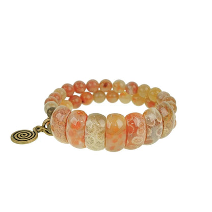 Bracelet Double Rang Pierre Corail et Laiton – Bijou Oriental de Prospérité