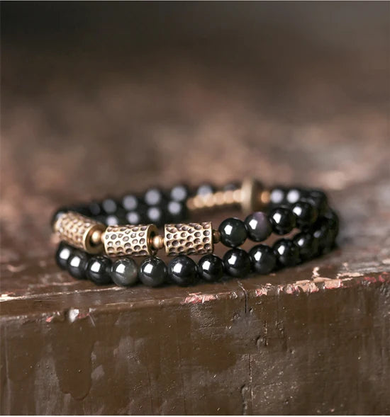 Bracelet Double Rang Obsidienne et Laiton Martelé – Unisexe, du 15 au 22 cm