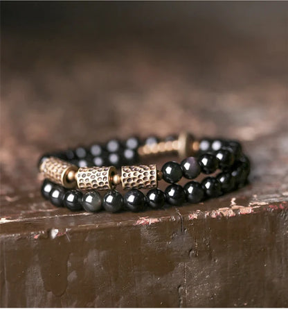 Bracelet Double Rang Obsidienne et Laiton Martelé – Unisexe, du 15 au 22 cm