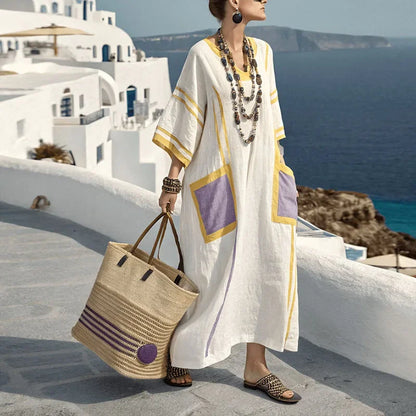 Robe Kaftan Longue Femme Coton Gaze Écru Rayures Ethniques