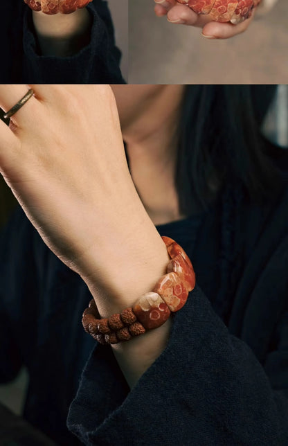 Bracelet Double Rang Rudraksha, Pierre Corail et Laiton – Bijou Oriental de Couple