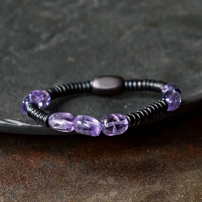Bracelet Éclats d'Améthyste et Bois de Santal Noir – Minimaliste Fait Main