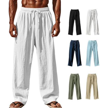 Différents coloris du pantalon décontracté homme en coton et lin : noir, blanc, bleu, vert et beige