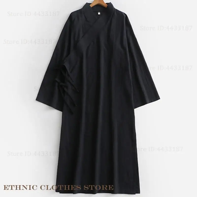 Tunique Hanfu noire traditionnelle, manches larges et tissu naturel respirant pour le Tai Chi.