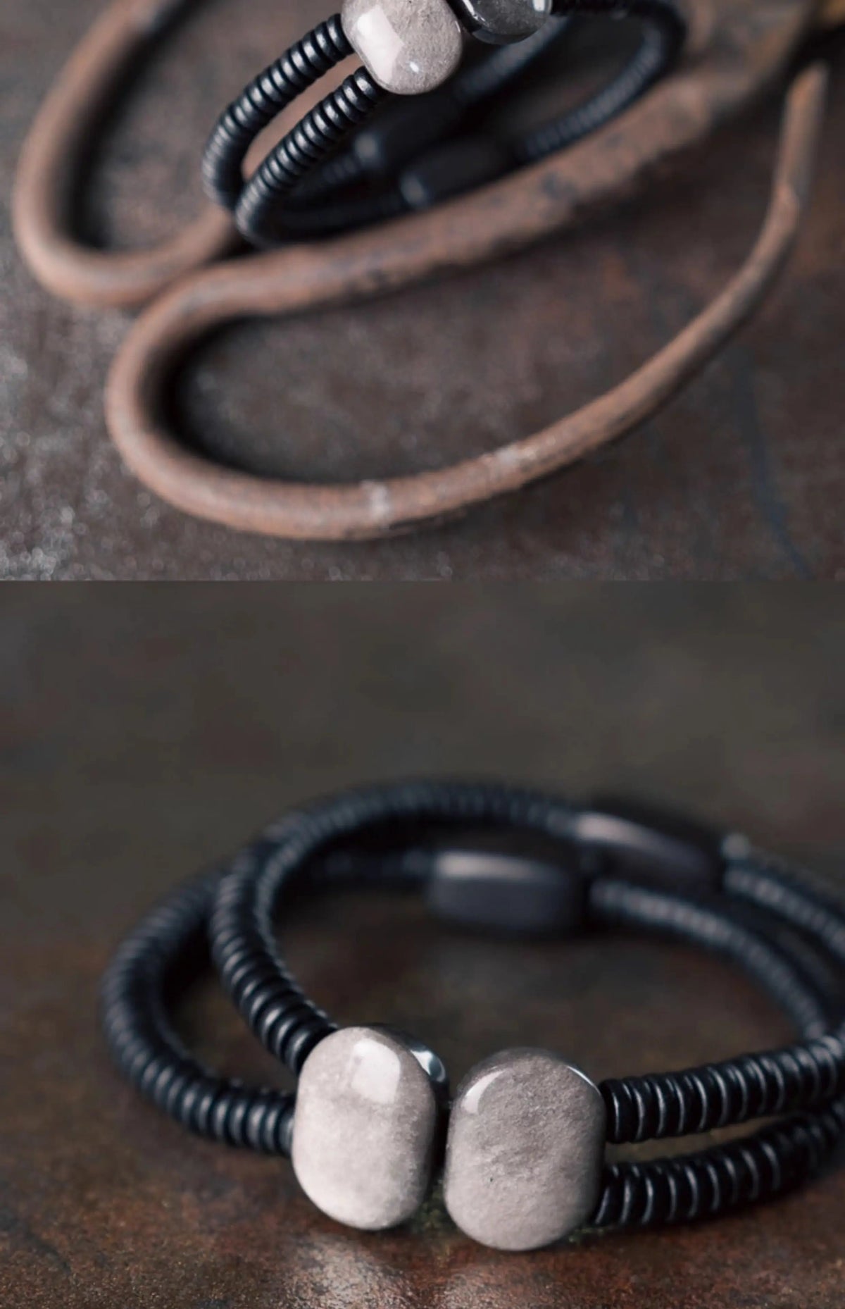 Bracelet Double Rang Obsidienne Noire et Bois d'Ébène – Tout Noir, Homme et Femme