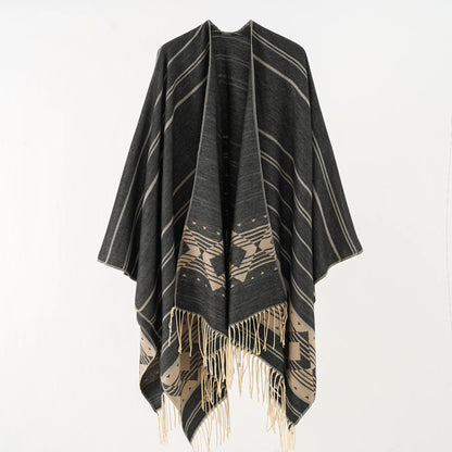 Poncho Éthnique à Franges avec Motifs Géométriques