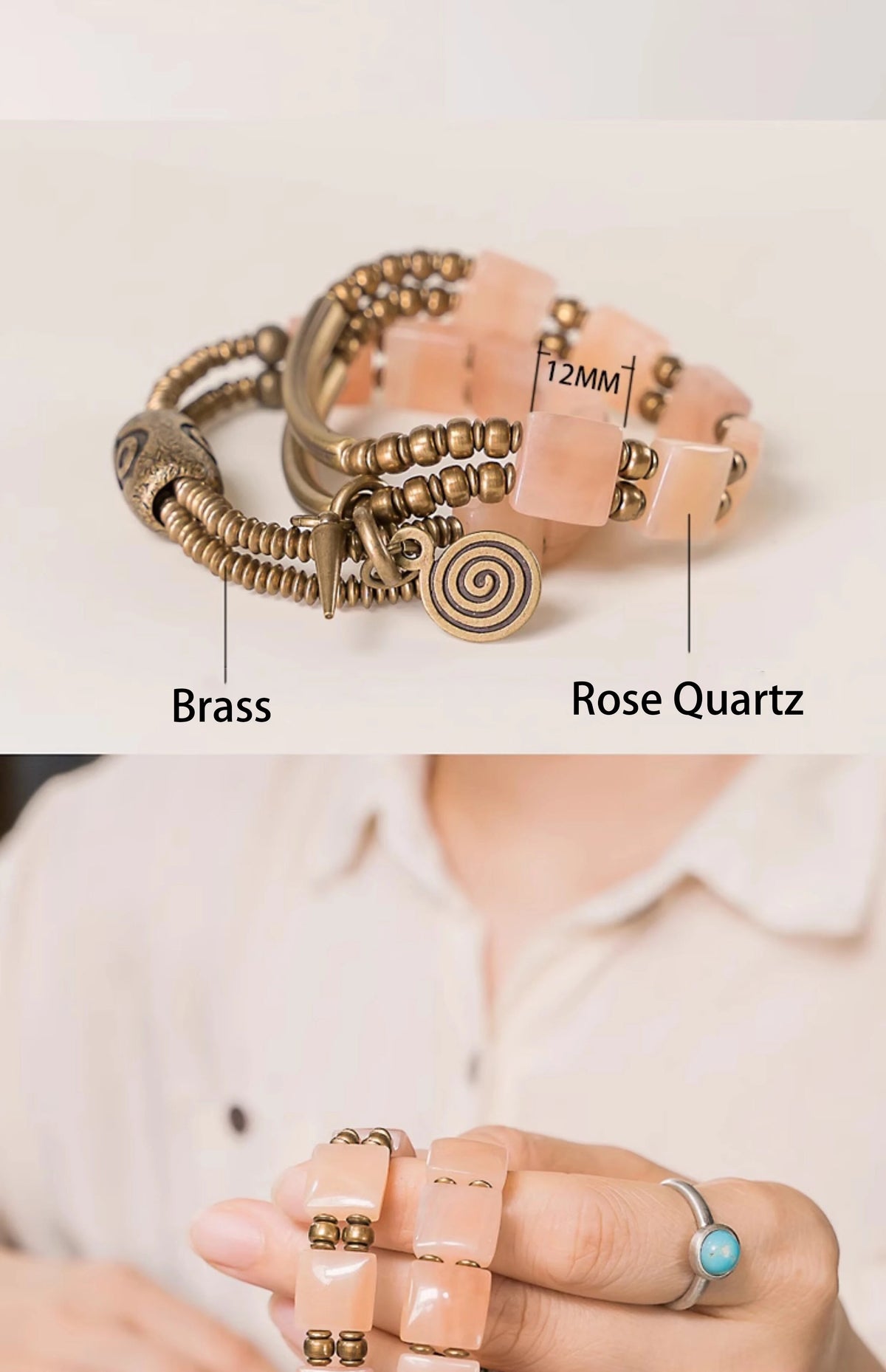 Bracelet Quartz Rose Perles Carrées 12 mm et Œil Protecteur en Laiton – Pour Femme
