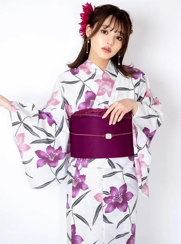 Yukata Deux Pièces Rose et Violet Floral | Kimono Japonais d'Été Frais et Élégant