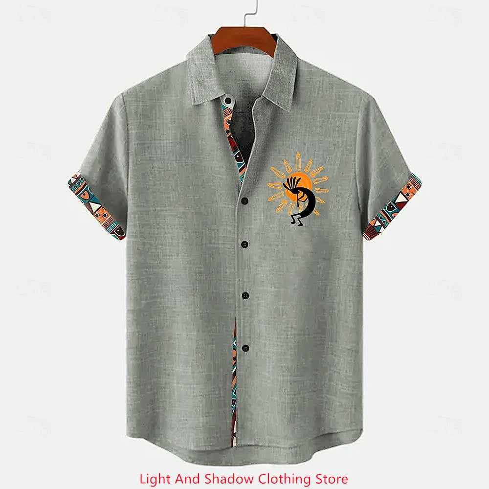 Chemise Lin Homme Beige Ethnique – Manches Courtes Été