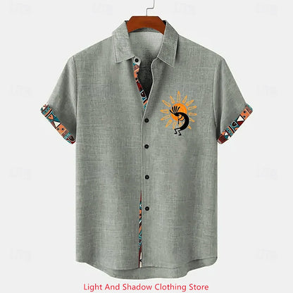 Chemise Lin Homme Beige Ethnique – Manches Courtes Été