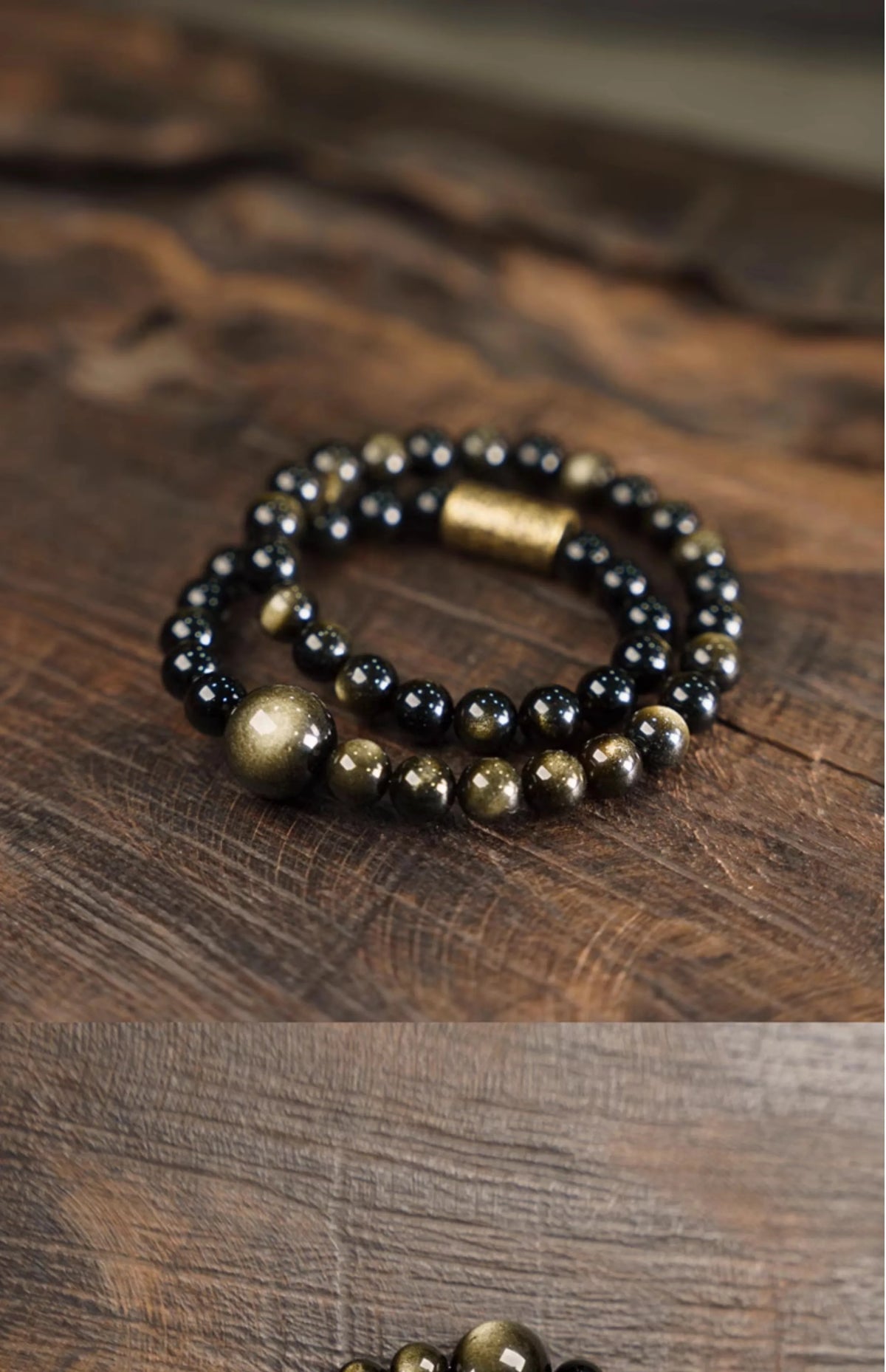 Bracelet Double Rang Obsidienne Dorée et Perles de Cuivre – Fait Main, Unisexe