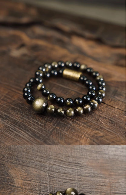 Bracelet Double Rang Obsidienne Dorée et Perles de Cuivre – Fait Main, Unisexe