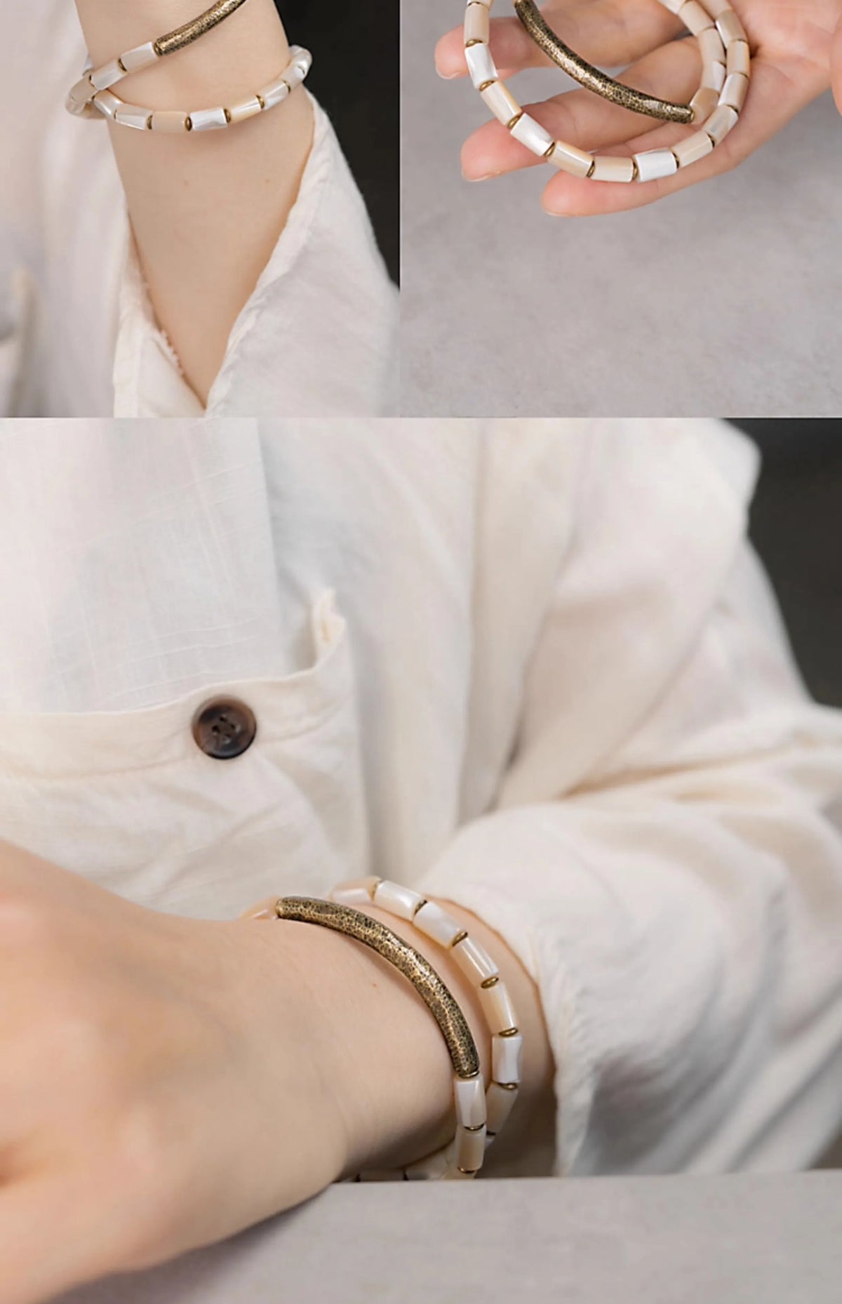 Bracelets à Accumuler Coquillage et Laiton – Set Minimaliste Tons Neutres pour Femme