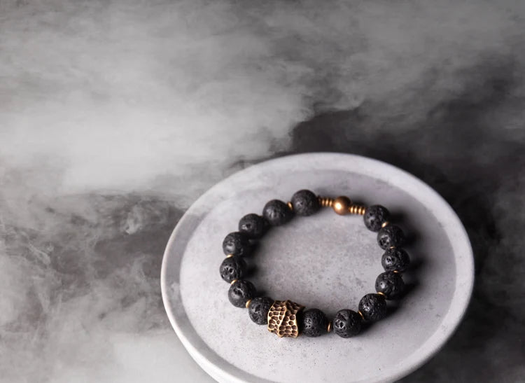 Bracelet Homme Pierre de Lave Volcanique et Laiton Vintage – Diffuseur d'Huiles, Jusqu'au 22 cm