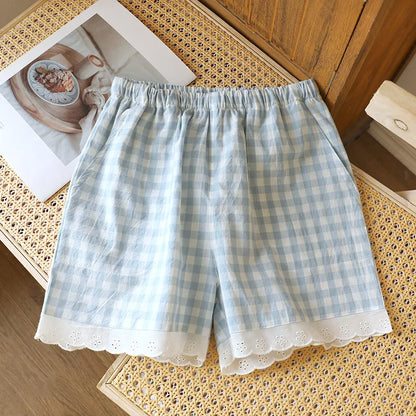 Short de Pyjama en Gaze de Coton et Dentelle