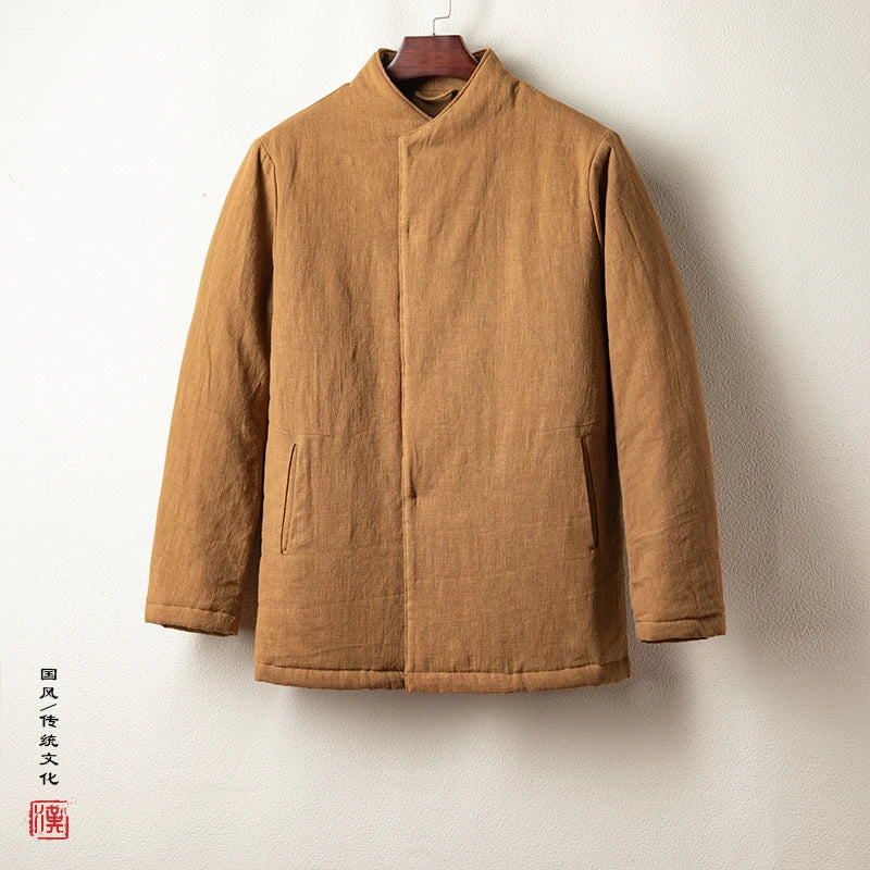 Veste Hanfu homme coton rembourré coloris camel vue de face col mao