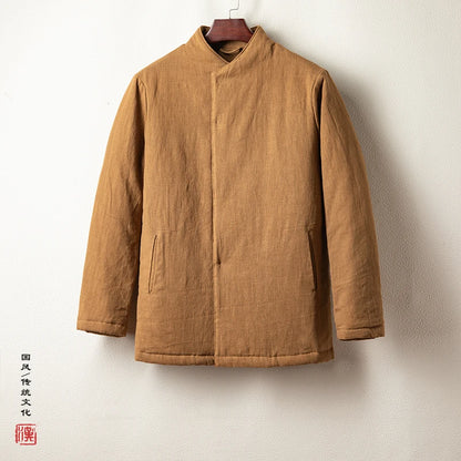 Veste Hanfu homme coton rembourré coloris camel vue de face col mao