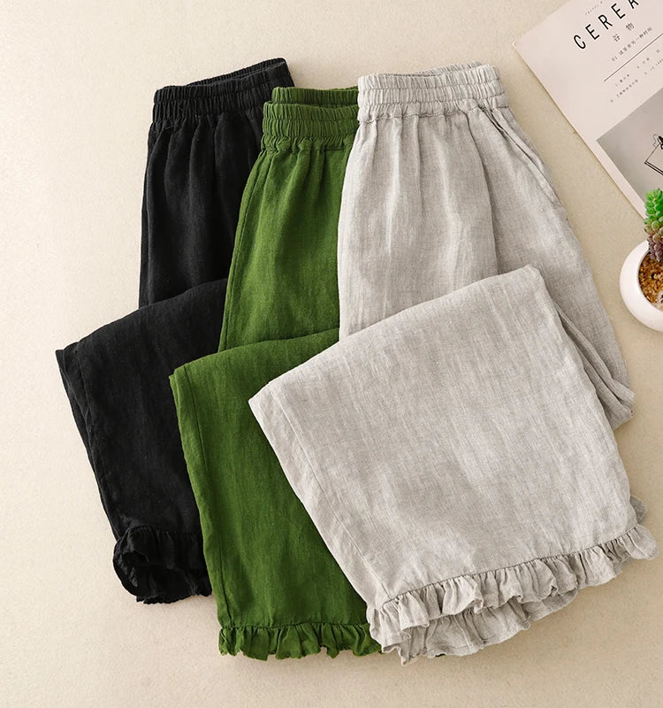 "Midori" Pantalon femme en coton et lin | Taille haute large, ourlet volant chic et léger