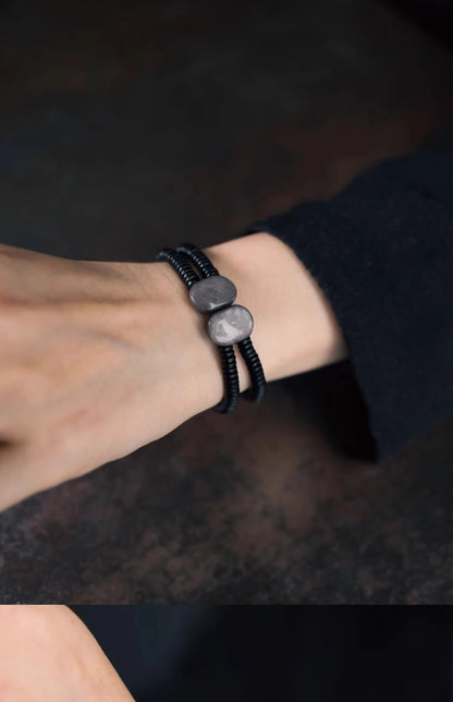 Bracelet Double Rang Obsidienne Noire et Bois d'Ébène – Tout Noir, Homme et Femme