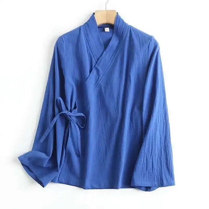 "Yuki" Chemise femme en lin style Hanfu | Blouse croisée à manches longues, inspiration vintage