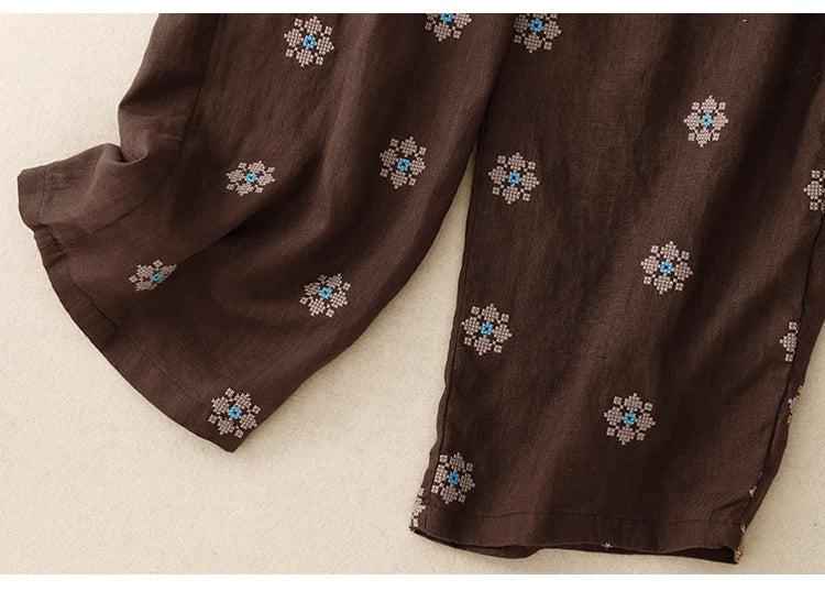 "Hanami" Pantalon femme en coton et lin imprimé | Taille haute, cordon ajustable, style décontracté été