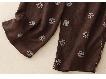 "Hanami" Pantalon femme en coton et lin imprimé | Taille haute, cordon ajustable, style décontracté été