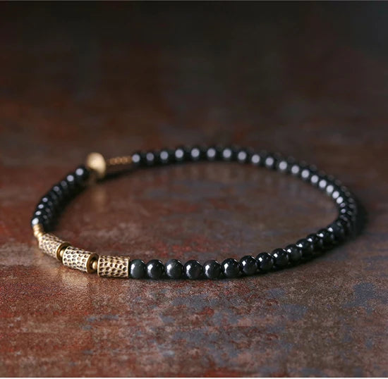 Bracelet Double Rang Obsidienne et Laiton Martelé – Unisexe, du 15 au 22 cm