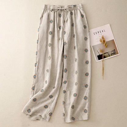 "Hanami" Pantalon femme en coton et lin imprimé | Taille haute, cordon ajustable, style décontracté été