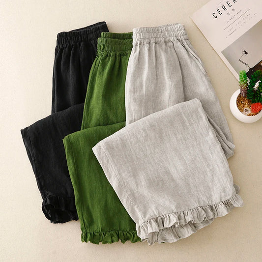 "Midori" Pantalon femme en coton et lin | Taille haute large, ourlet volant chic et léger