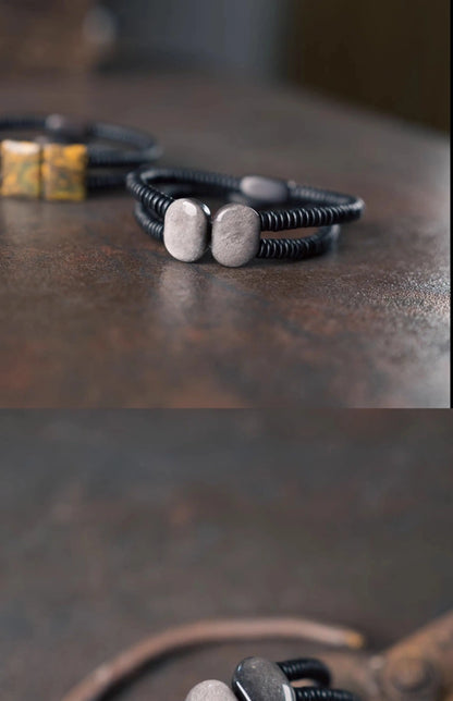 Bracelet Double Rang Obsidienne Noire et Bois d'Ébène – Tout Noir, Homme et Femme