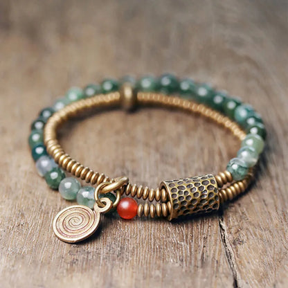 Bracelet Bohème Jade Mousse Double Rang et Breloque en Cuivre Martelé – Jusqu'au 22 cm