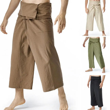 Pantalon de pêcheur thaïlandais kaki, coupe extra-large et bas de jambe droit en lin léger.